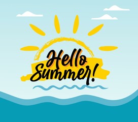 Hello Summer Background. Hello summer illustration concept design. Hello summer text with colorful elements like palm tree, leaves, umbrella and flamingo for tropical holiday season background. 