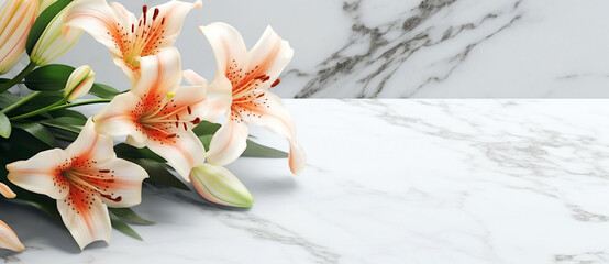 Beautiful white flowers, lilies , over marble background. Bouquet of flowers at cemetery , funeral concept. - obrazy, fototapety, plakaty