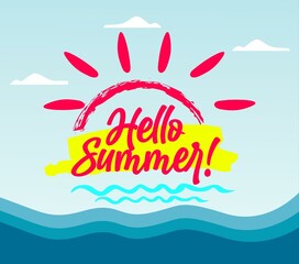 Hello Summer Background. Hello summer illustration concept design. Hello summer text with colorful elements like palm tree, leaves, umbrella and flamingo for tropical holiday season background. 