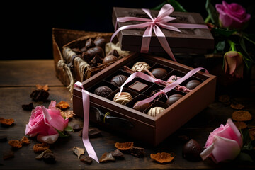 gift box with handmade chocolate ribbon, pink roses, valentine, love, romance, ai generated