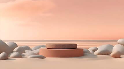 Stone pedestal on the beach, summer vacation background. Product display design. Generative AI