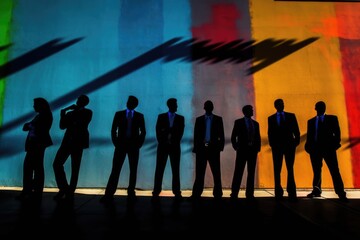 A diverse group of business professionals standing against a vibrant, colorful graffiti wall. Generative AI