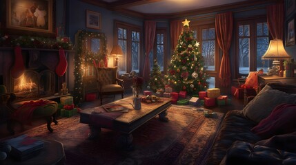 Fototapeta na wymiar fireplace with christmas tree interior generative art