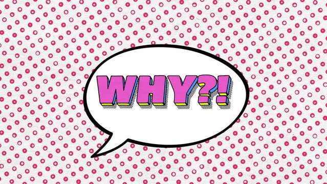 WHY?! - comics style 3D text with shadow on paper textured background in pink colours and 3D motion emboss effects, 4K comics style animation