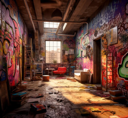 Interior abandoned urban building room with Colorful graffiti on the walls.