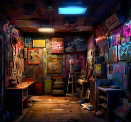 Fototapeta na wymiar Interior abandoned urban building room with Colorful graffiti on the walls.