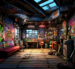 Fototapeta na wymiar Interior abandoned urban building room with Colorful graffiti on the walls.