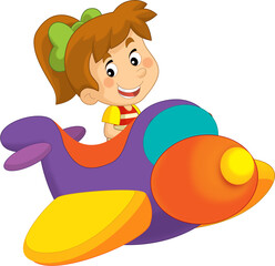 Cartoon girl kid on a toy funfair plane amusement park or playground isolated illustration for kids