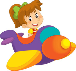 Cartoon girl kid on a toy funfair plane amusement park or playground isolated illustration for kids