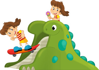 cartoon scene with playing kid on dinosaur playground or funfair toy isolated illustration for kids