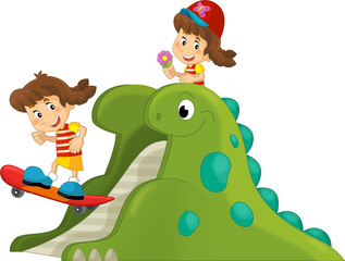 cartoon scene with playing kid on dinosaur playground or funfair toy isolated illustration for kids