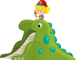 cartoon scene with playing kid on dinosaur playground or funfair toy isolated illustration for kids