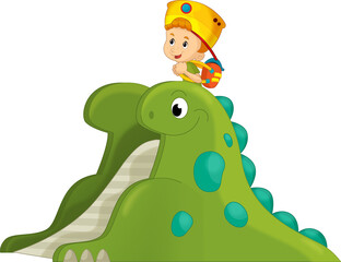 cartoon scene with playing kid on dinosaur playground or funfair toy isolated illustration for kids