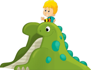 cartoon scene with playing kid on dinosaur playground or funfair toy isolated illustration for kids