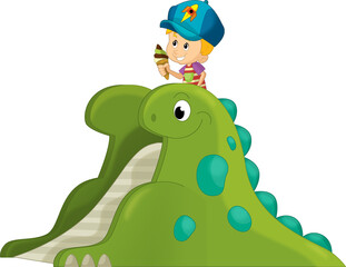 cartoon scene with playing kid on dinosaur playground or funfair toy isolated illustration for kids