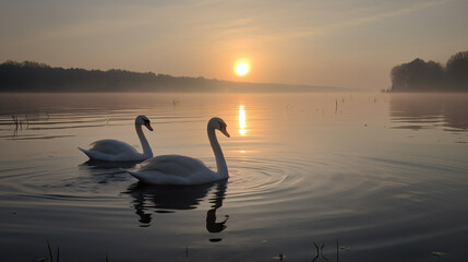 two swan on lake calm generative ai
