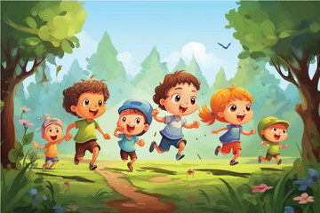 Obraz na płótnie Canvas vector illustration of merry children hurry on a path.