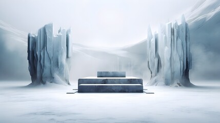 Empty stone pedestal, winter background. Modern product display. Minimal mockup template. Generative AI