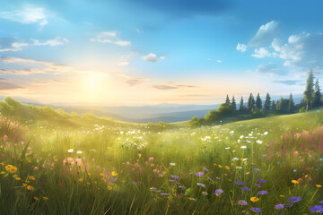 Serene meadow with wildflowers under a sunny sky