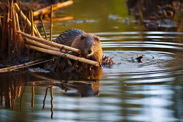 Beaver working on building a dam with found wood on a lake, natural habitat, beautiful animal. Generative AI - obrazy, fototapety, plakaty