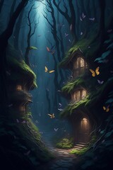 A fantasy wonderland in the Woods at night full of butterflies. Generative AI