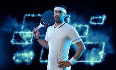 Padel tennis player with racket. Man athlete with paddle racket on court with neon colors. Sport concept. Download a high quality photo for the design of a sports app or betting site.