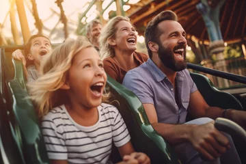 Photo sur Plexiglas Parc dattractions Young family having fun on a roller coaster ride at amusement park. Generative AI