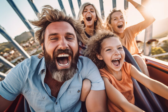 Young family having fun on a roller coaster ride at amusement park. Generative AI