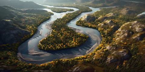 Green forest valley and meander river background, AI generated