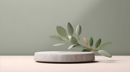 Empty stone pedestal with green leaves modern background. Product display design, mockup template. Generative AI