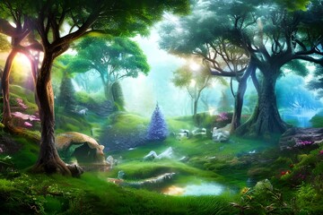 Magical Fairytale Forest Background, Magical Forest Landscape Background, Nature Background, Landscape Background, Generative AI