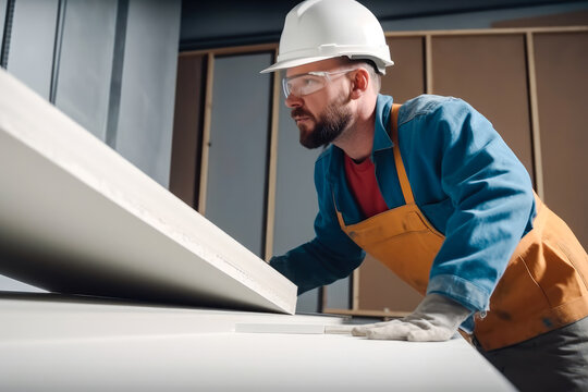 Construction worker wearing safety helmet and glasses while taking a sheet of drywall from a stack. Generative AI