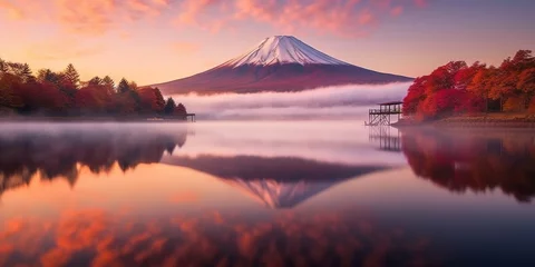 Tableaux sur verre Matin avec brouillard Colorful Autumn Season and Mountain Fuji with morning fog