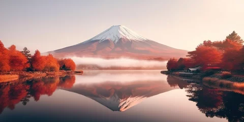 Store enrouleur tamisant Mont Fuji Colorful Autumn Season and Mountain Fuji with morning fog
