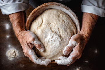 Fototapeta premium Close up of baker's hands making a dough for bread, top down view, preparing for baking. Generative AI
