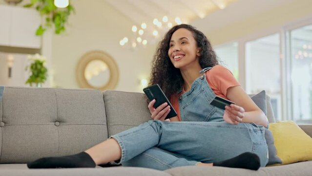 Credit card, phone and woman for home online shopping, e commerce or fintech payment at home. Relax, loan and happy, excited person on internet banking, subscription and easy web transaction on sofa