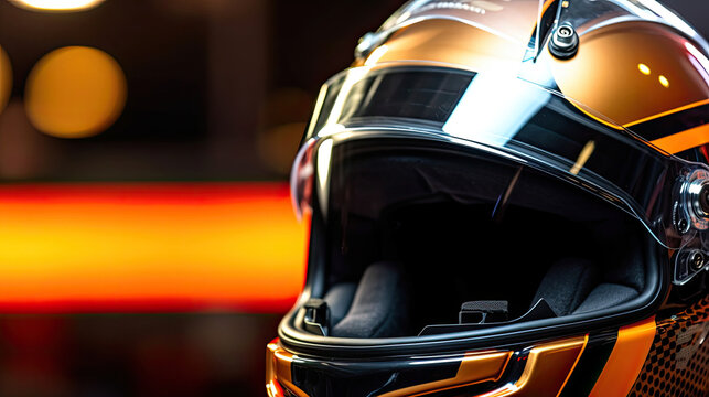 A close-up of a driver's helmet