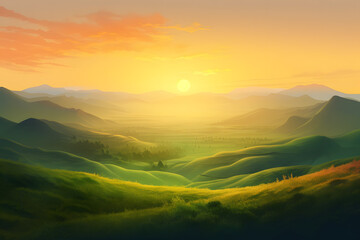 Naklejka na ściany i meble Serene sunrise over rolling hills with morning dew