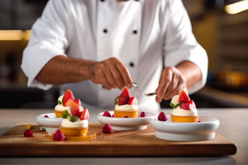 Close up of chef's hands finishing a aesthetic looking dessert. Generative AI