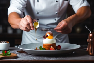 Close up of chef's hands finishing a aesthetic looking dessert. Generative AI