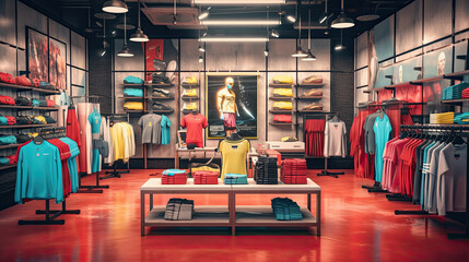 Trendy sports clothes apparel collection showcased in a sports store setup