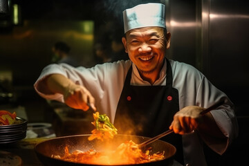 Asian chef dressed in uniform preparing a restaurant meal, looking professional, culinary experience. Generative AI