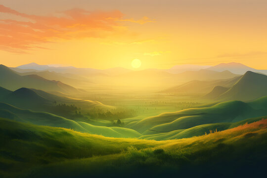 Serene sunrise over rolling hills with morning dew