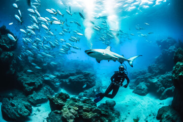 Scuba diver swimming underwater with sharks in a beautiful ocean wildlife surrounding. Generative AI