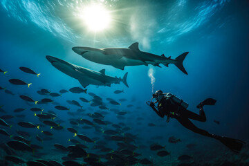 Scuba diver swimming underwater with sharks in a beautiful ocean wildlife surrounding. Generative AI