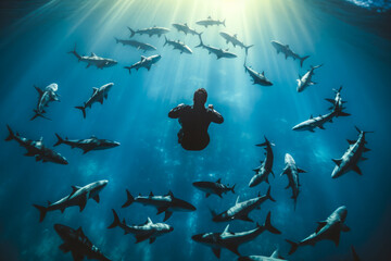 Deadly sharks forming a circle around a scuba diver underwater. Generative AI