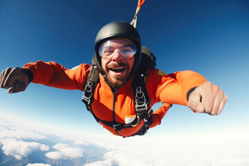 Close up of excited happy man skydiving with beautiful blue sky in the background. Generative AI