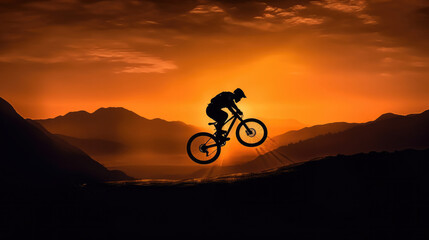Silhouette of a mountain biker enjoying downhill during the sunset. Mountain bike concept. Mountain bike race - silhouette cyclist on background.