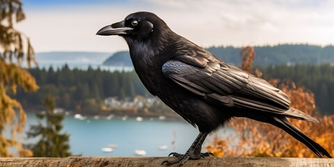 Crow perched in front of a beautiful background