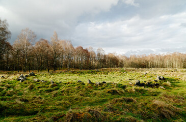 New Kinord prehistoric Iron Age settlement, house circle 2000 to 2500 years old. Between Loch Kinord and Loch Davan, Grampian, Scotland